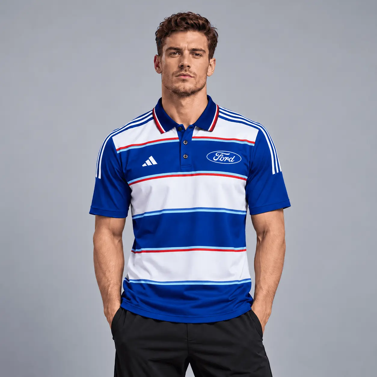 Ford | Heritage Broad Stripe Three Stripe Short Sleeve Athletic Polo Shirt