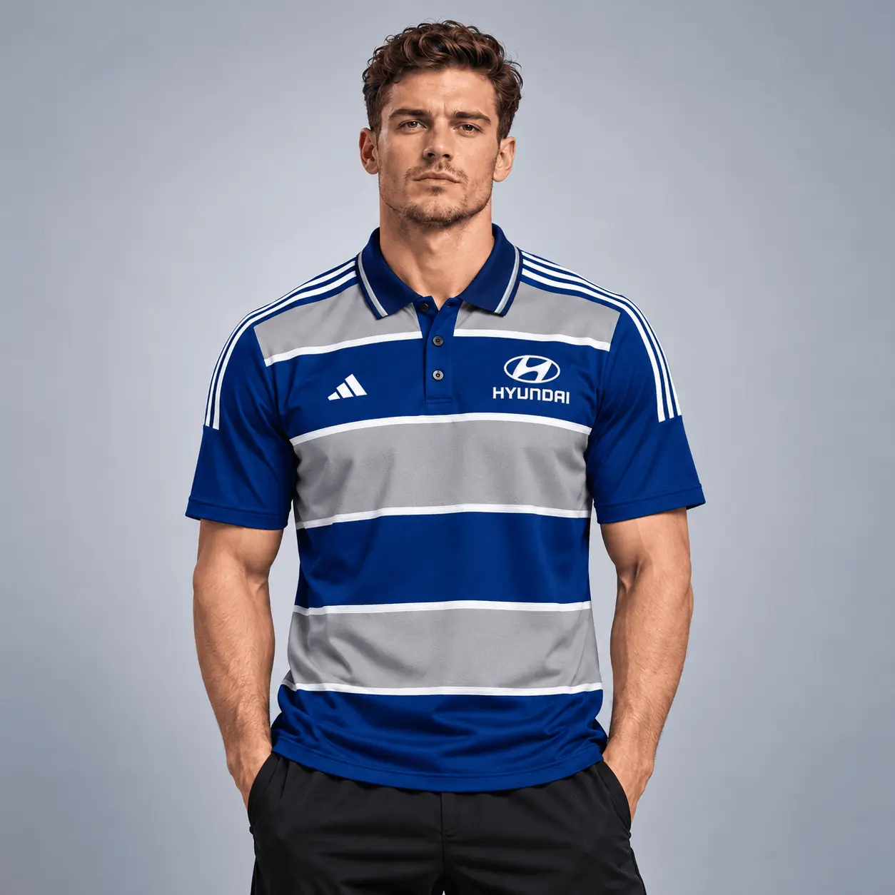 Hyundai | Heritage Broad Stripe Three Stripe Short Sleeve Athletic Polo Shirt