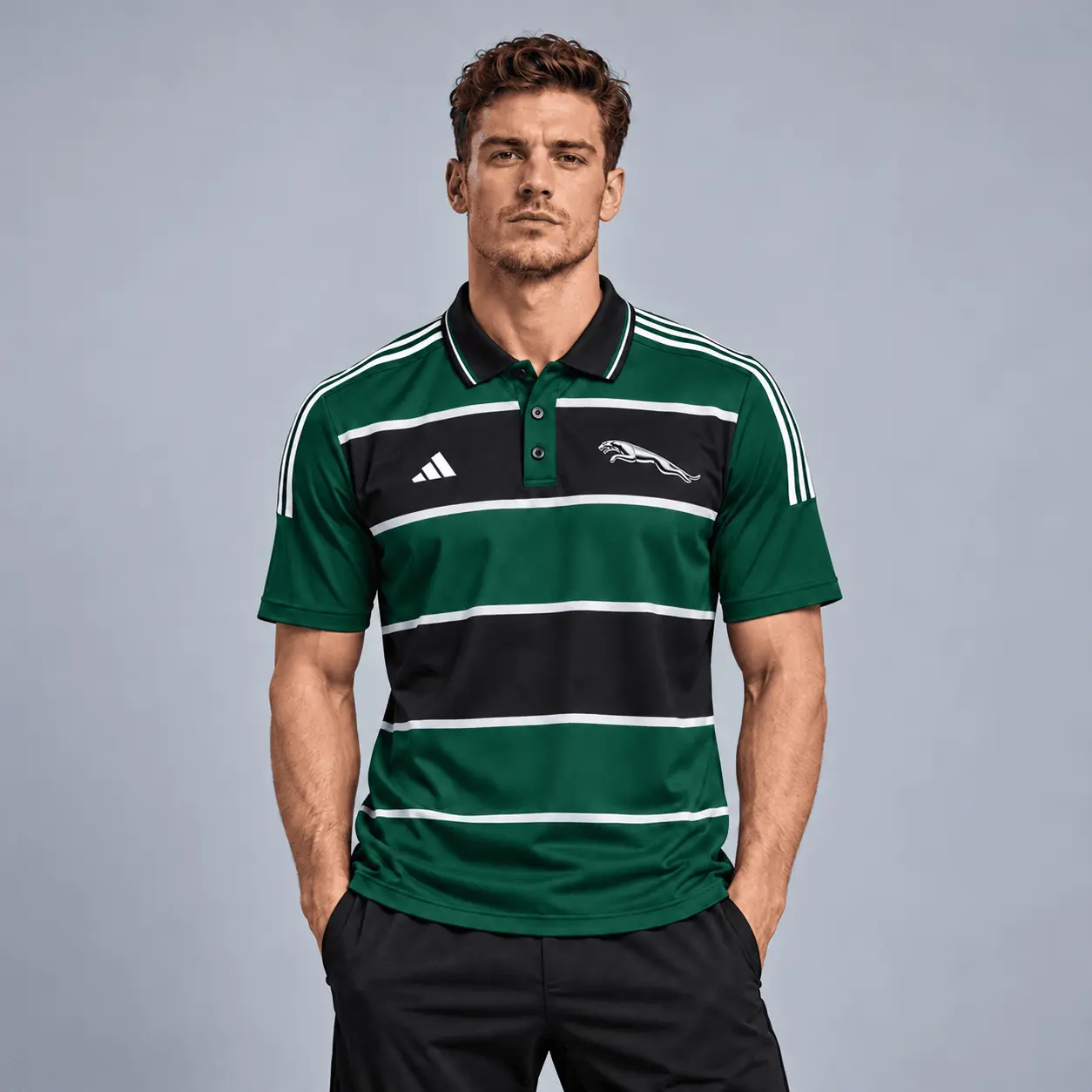 Jaguar | Heritage Broad Stripe Three Stripe Short Sleeve Athletic Polo Shirt