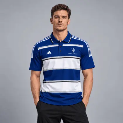 Maserati | Heritage Broad Stripe Three Stripe Short Sleeve Athletic Polo Shirt