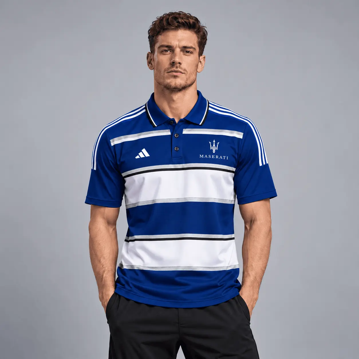 Maserati | Heritage Broad Stripe Three Stripe Short Sleeve Athletic Polo Shirt