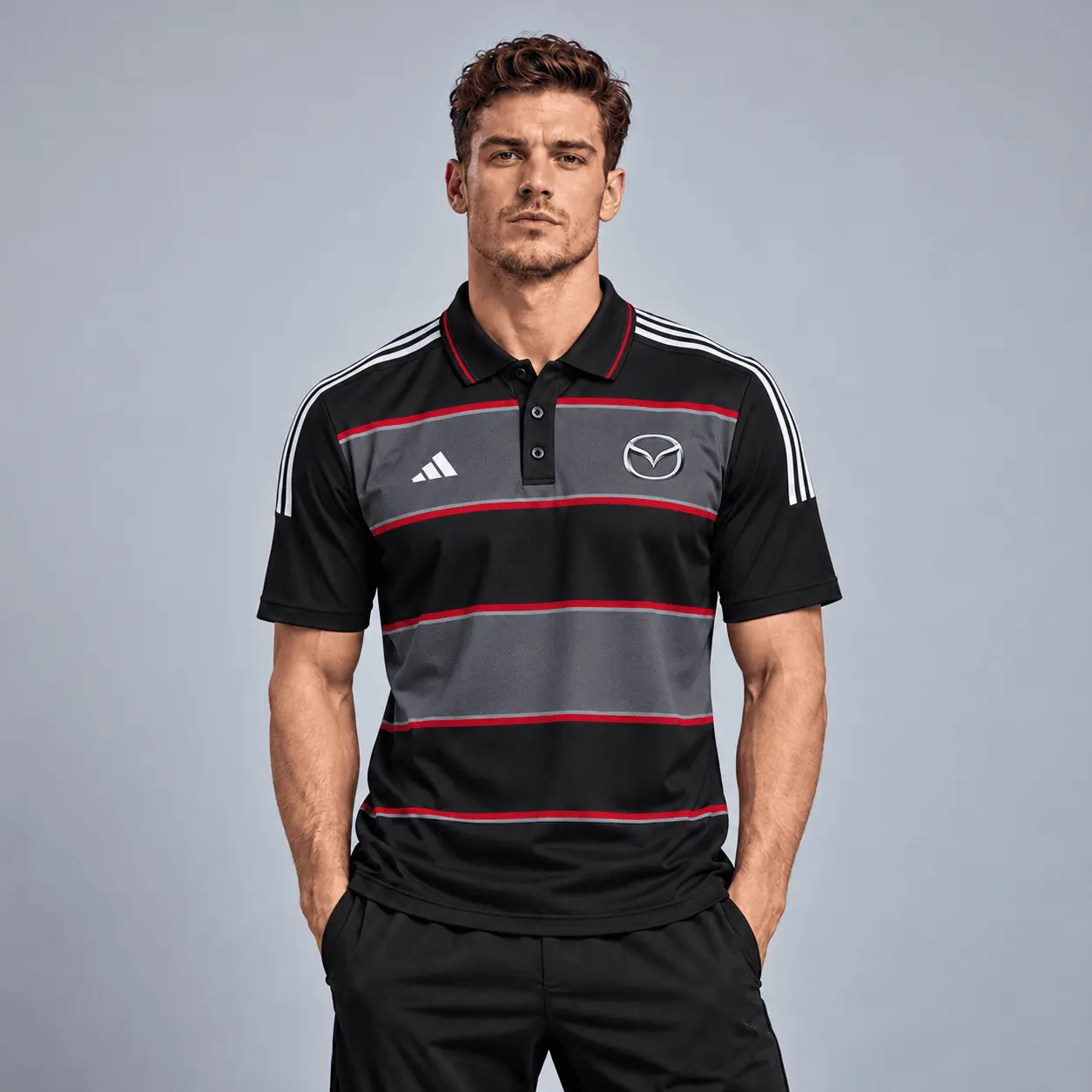 Mazda | Heritage Broad Stripe Three Stripe Short Sleeve Athletic Polo Shirt