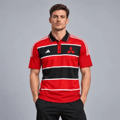 Mitsubishi | Heritage Broad Stripe Three Stripe Short Sleeve Athletic Polo Shirt