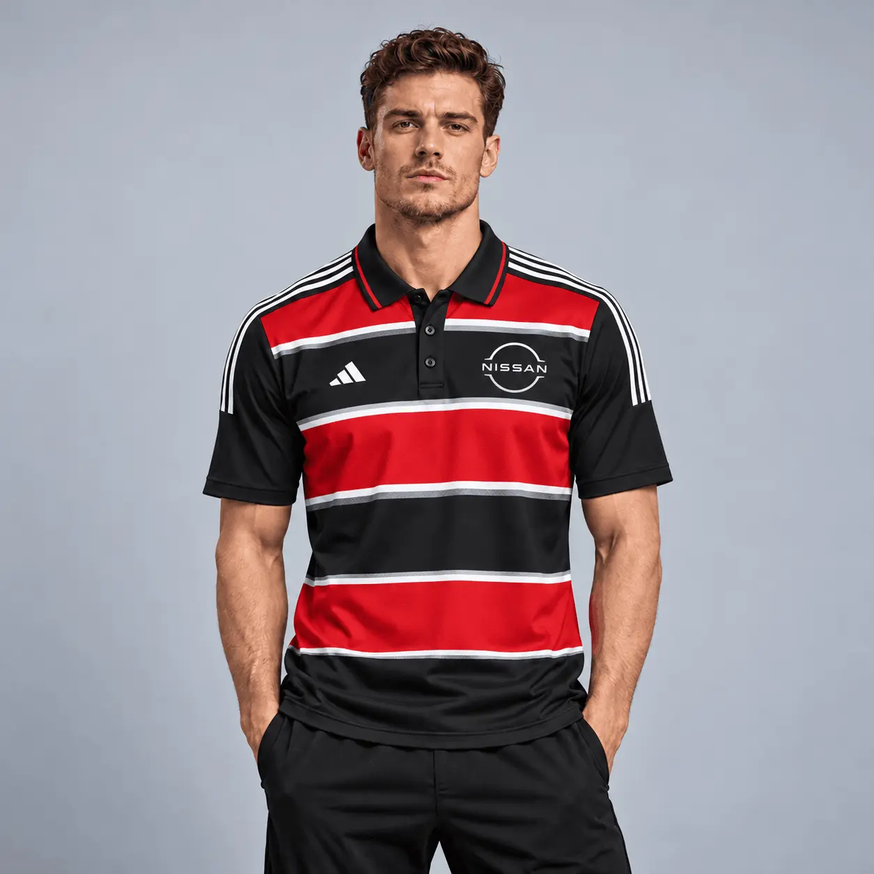 Nissan | Heritage Broad Stripe Three Stripe Short Sleeve Athletic Polo Shirt