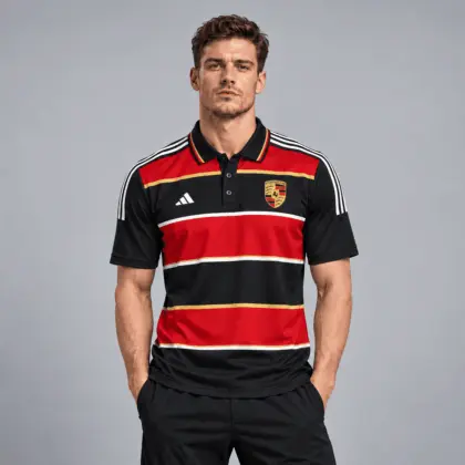 Porsche | Heritage Broad Stripe Three Stripe Short Sleeve Athletic Polo Shirt