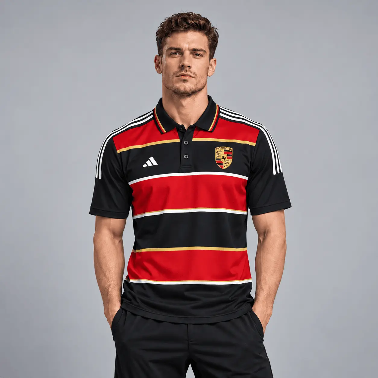 Porsche | Heritage Broad Stripe Three Stripe Short Sleeve Athletic Polo Shirt