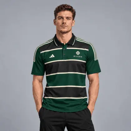 Rivian | Heritage Broad Stripe Three Stripe Short Sleeve Athletic Polo Shirt