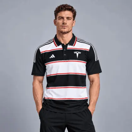 Tesla | Heritage Broad Stripe Three Stripe Short Sleeve Athletic Polo Shirt