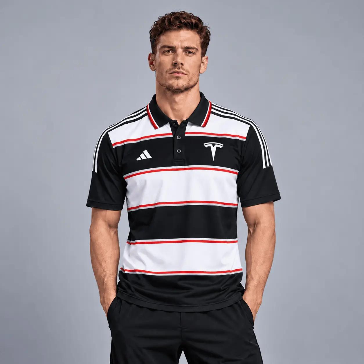 Tesla | Heritage Broad Stripe Three Stripe Short Sleeve Athletic Polo Shirt