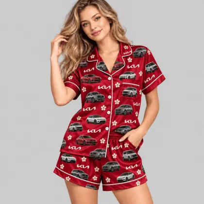 Kia | Crest And Floral Satin Pajamas Set