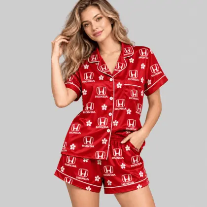 Honda | Crest And Floral Satin Pajamas Set