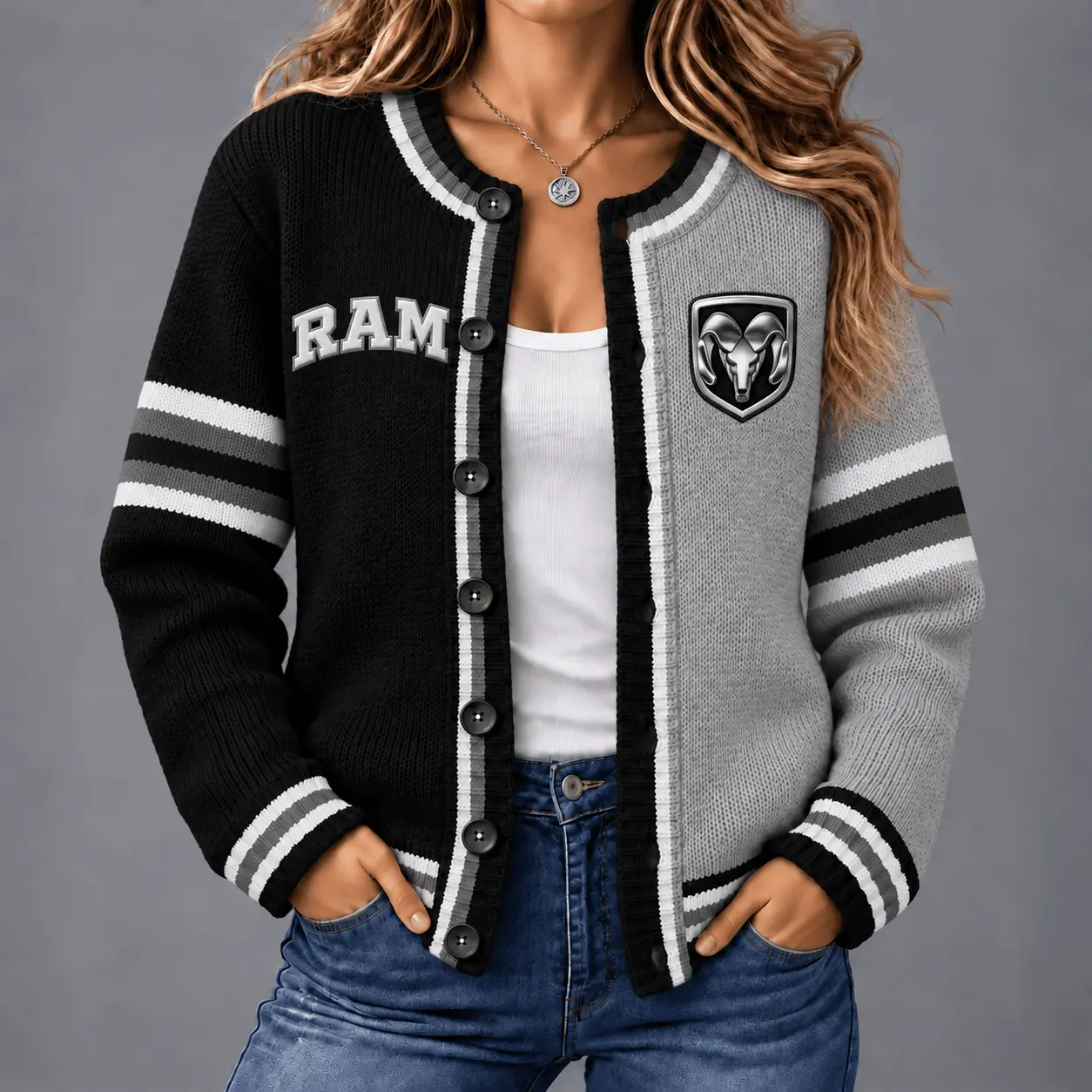 Ram | Retro Two-Tone Button-Up Varsity Cardigan