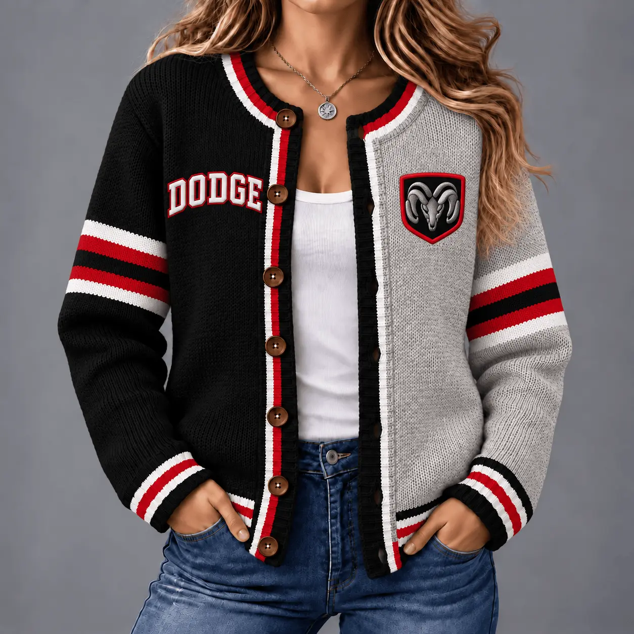 Dodge | Retro Two-Tone Button-Up Varsity Cardigan