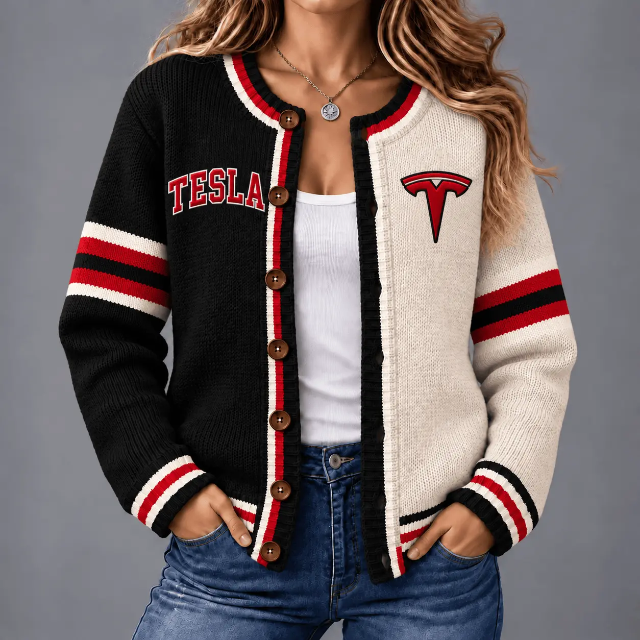 Tesla | Retro Two-Tone Button-Up Varsity Cardigan