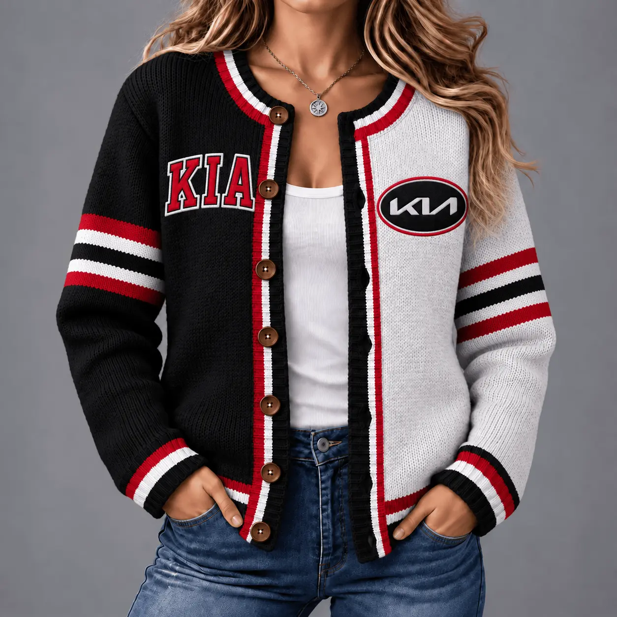 Kia | Retro Two-Tone Button-Up Varsity Cardigan