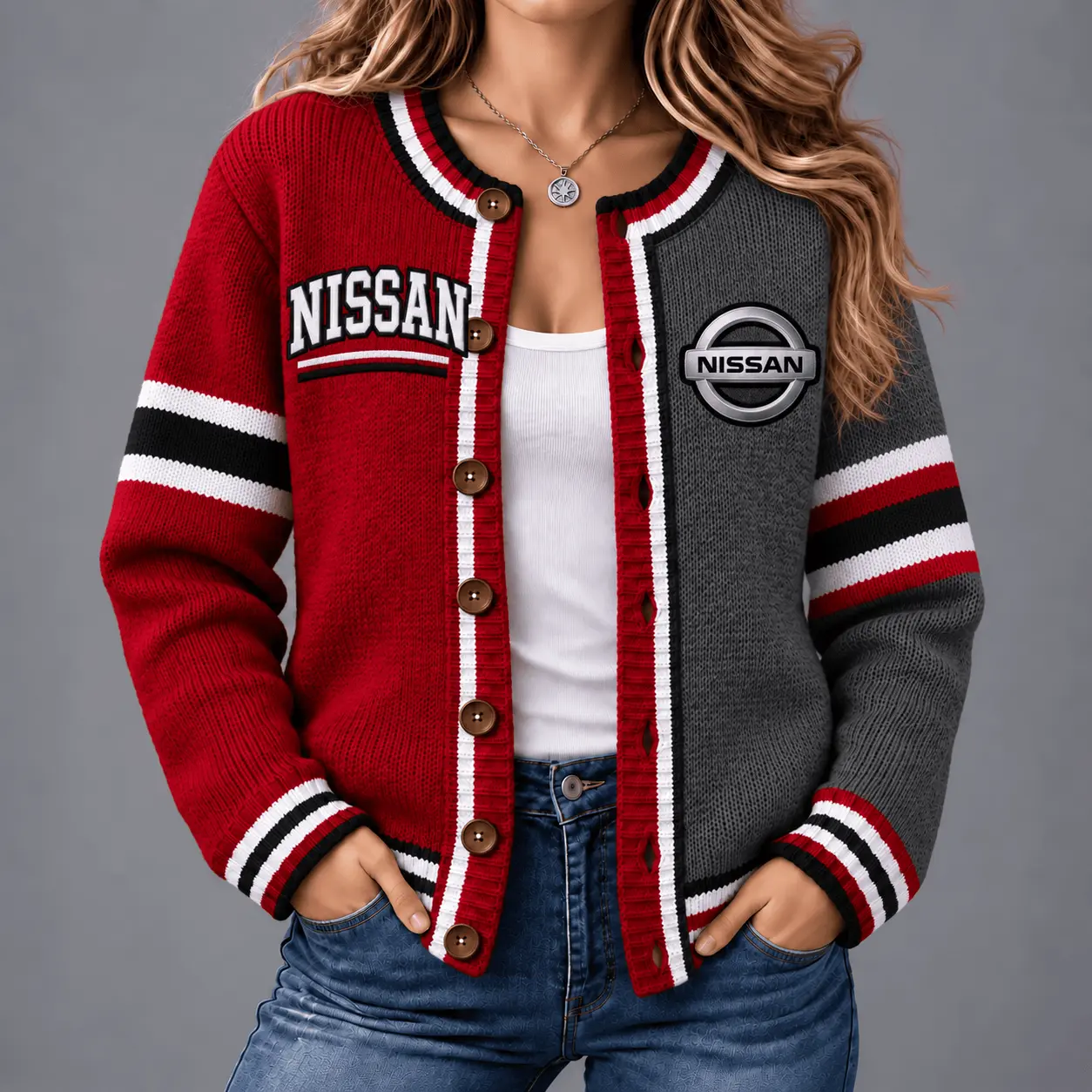 Nissan | Retro Two-Tone Button-Up Varsity Cardigan