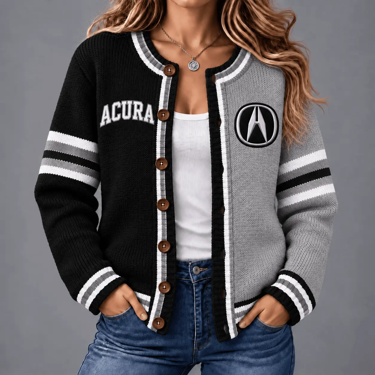 Acura | Retro Two-Tone Button-Up Varsity Cardigan