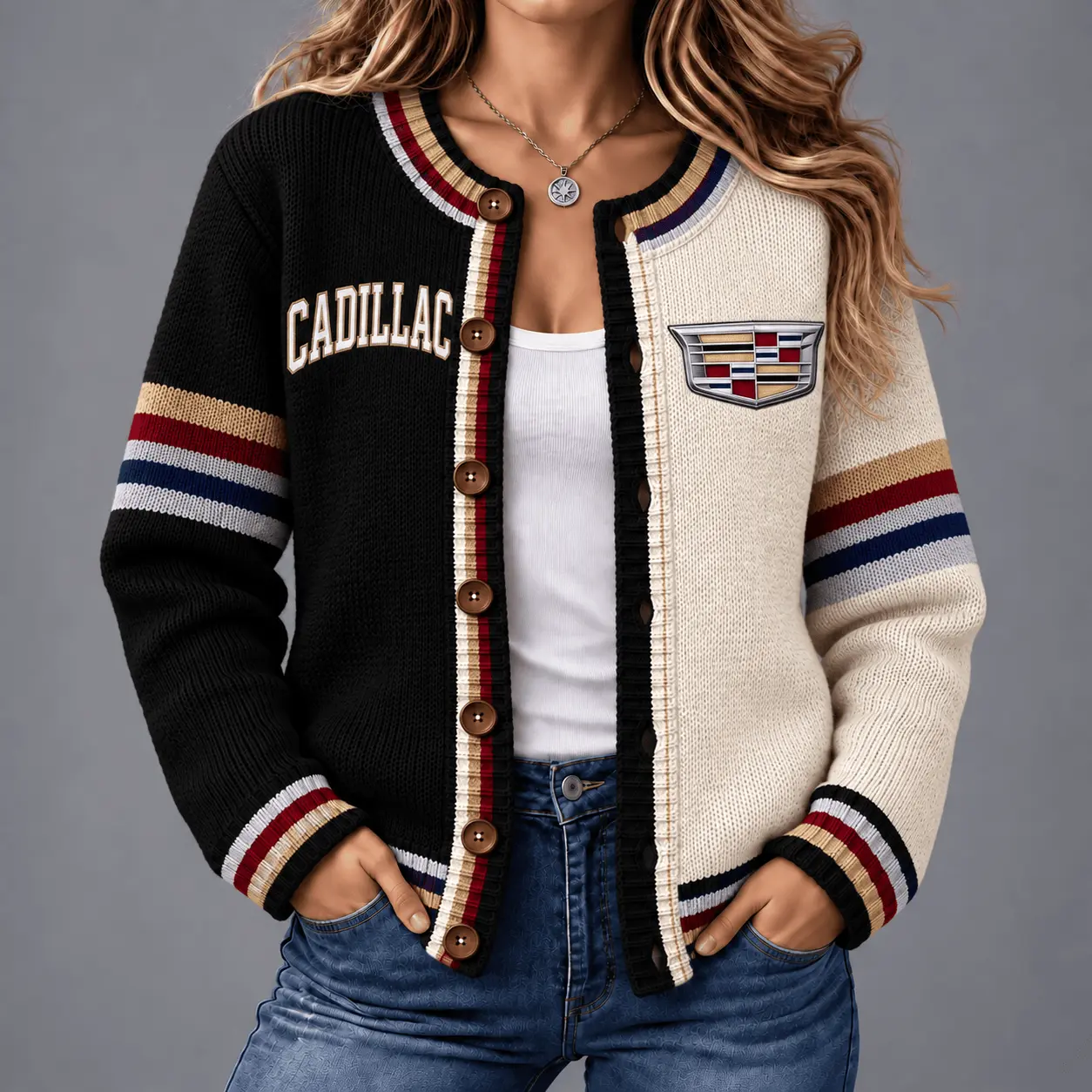 Cadillac | Retro Two-Tone Button-Up Varsity Cardigan