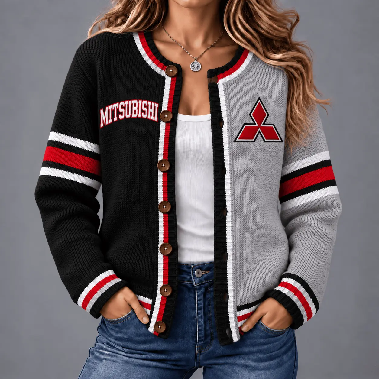 Mitsubishi | Retro Two-Tone Button-Up Varsity Cardigan