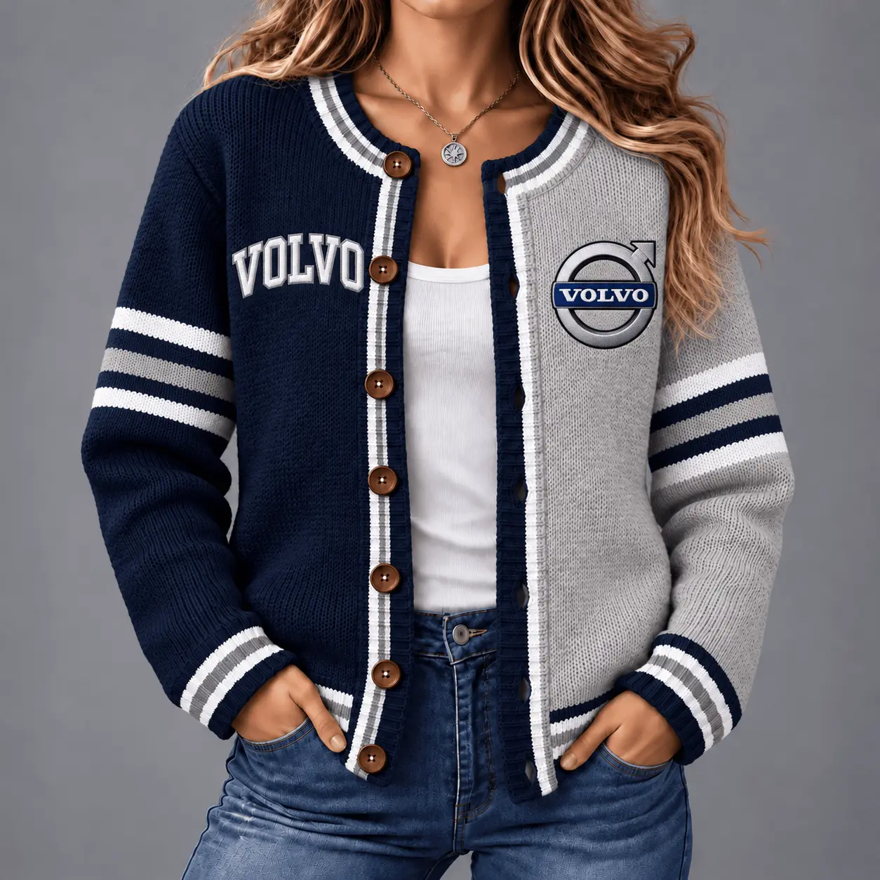 Volvo | Retro Two-Tone Button-Up Varsity Cardigan