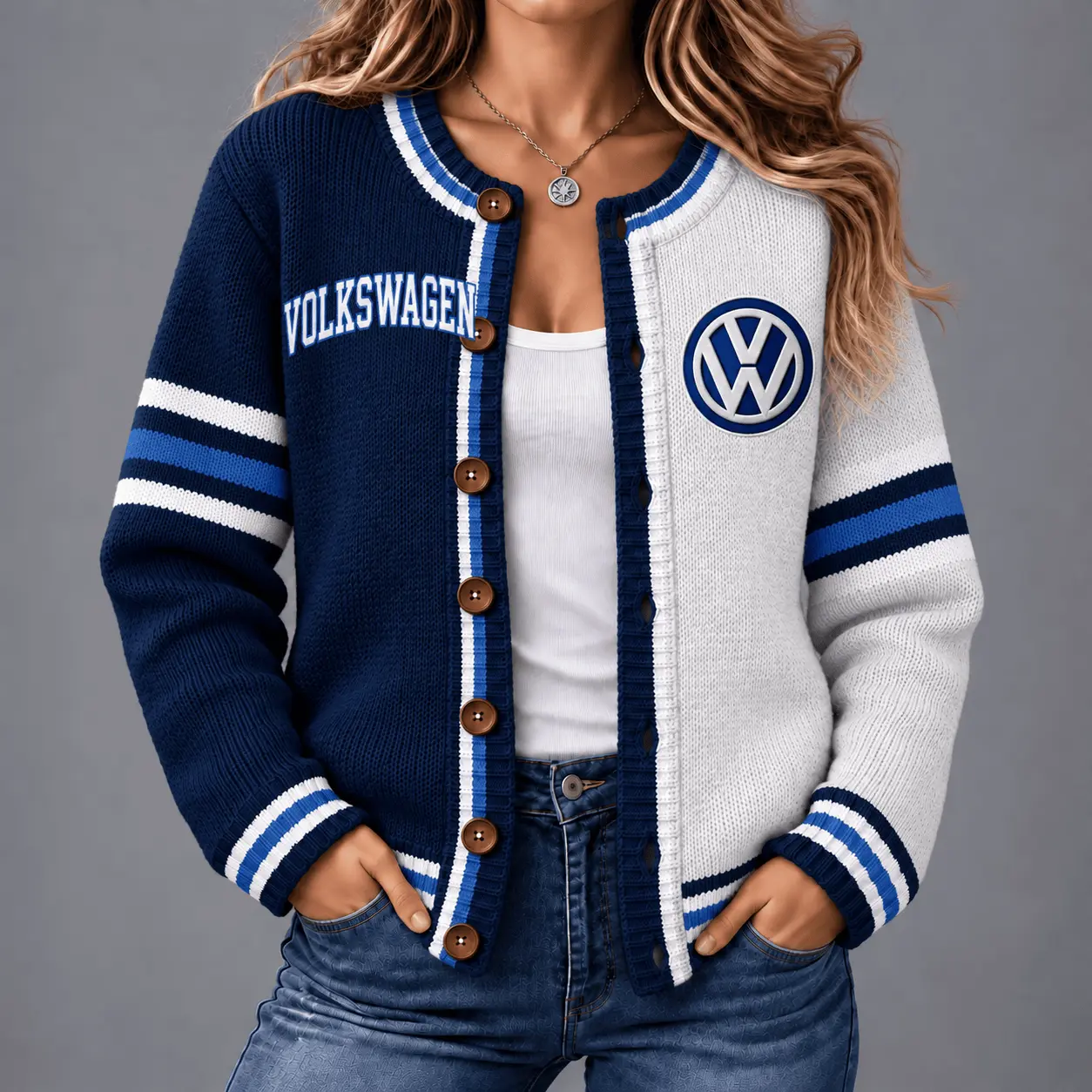 Volkswagen | Retro Two-Tone Button-Up Varsity Cardigan