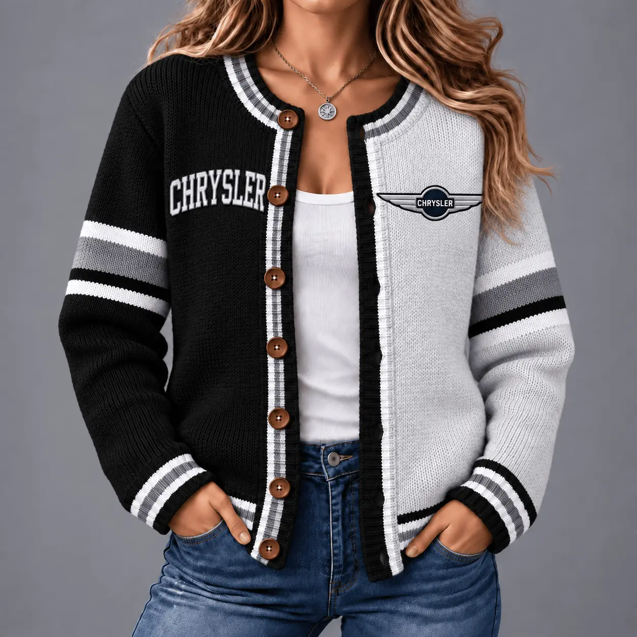 Chrysler | Retro Two-Tone Button-Up Varsity Cardigan