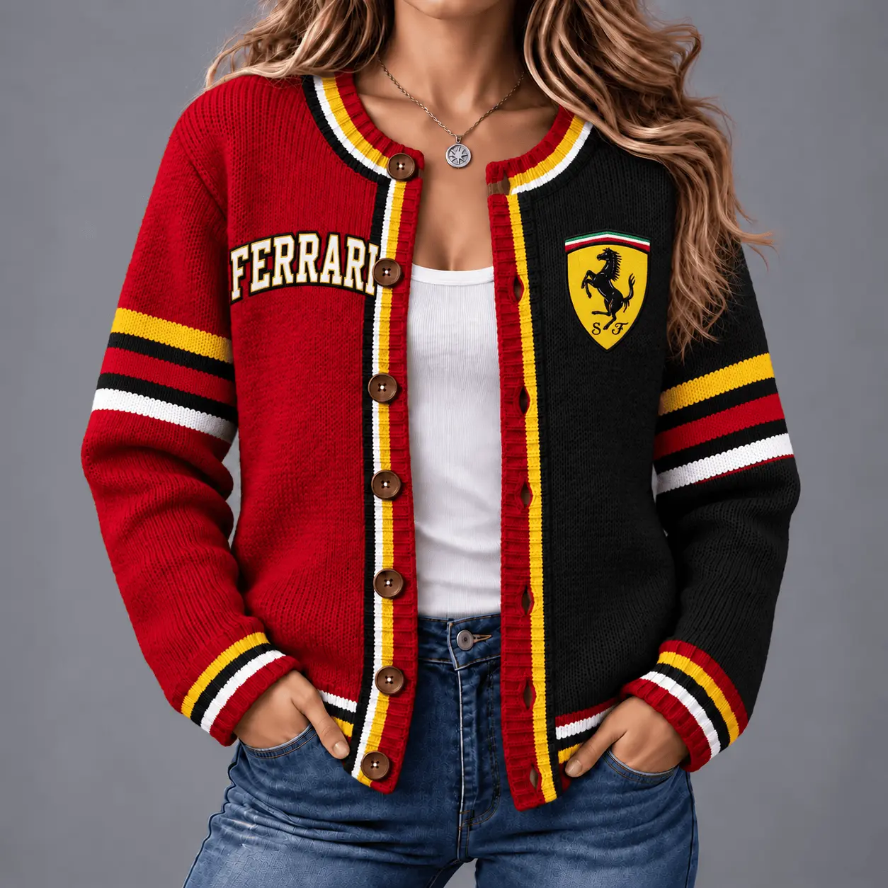 Ferrari | Retro Two-Tone Button-Up Varsity Cardigan