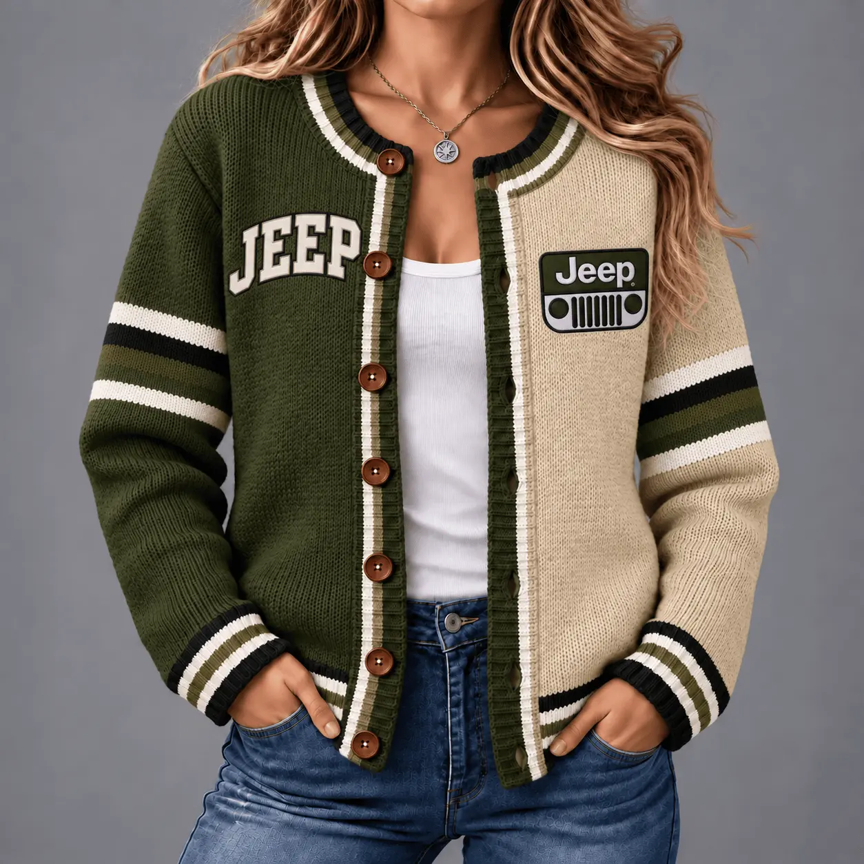 Jeep | Retro Two-Tone Button-Up Varsity Cardigan