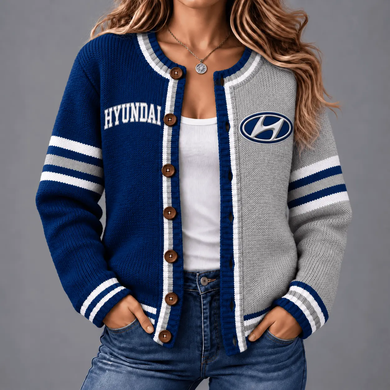 Hyundai | Retro Two-Tone Button-Up Varsity Cardigan