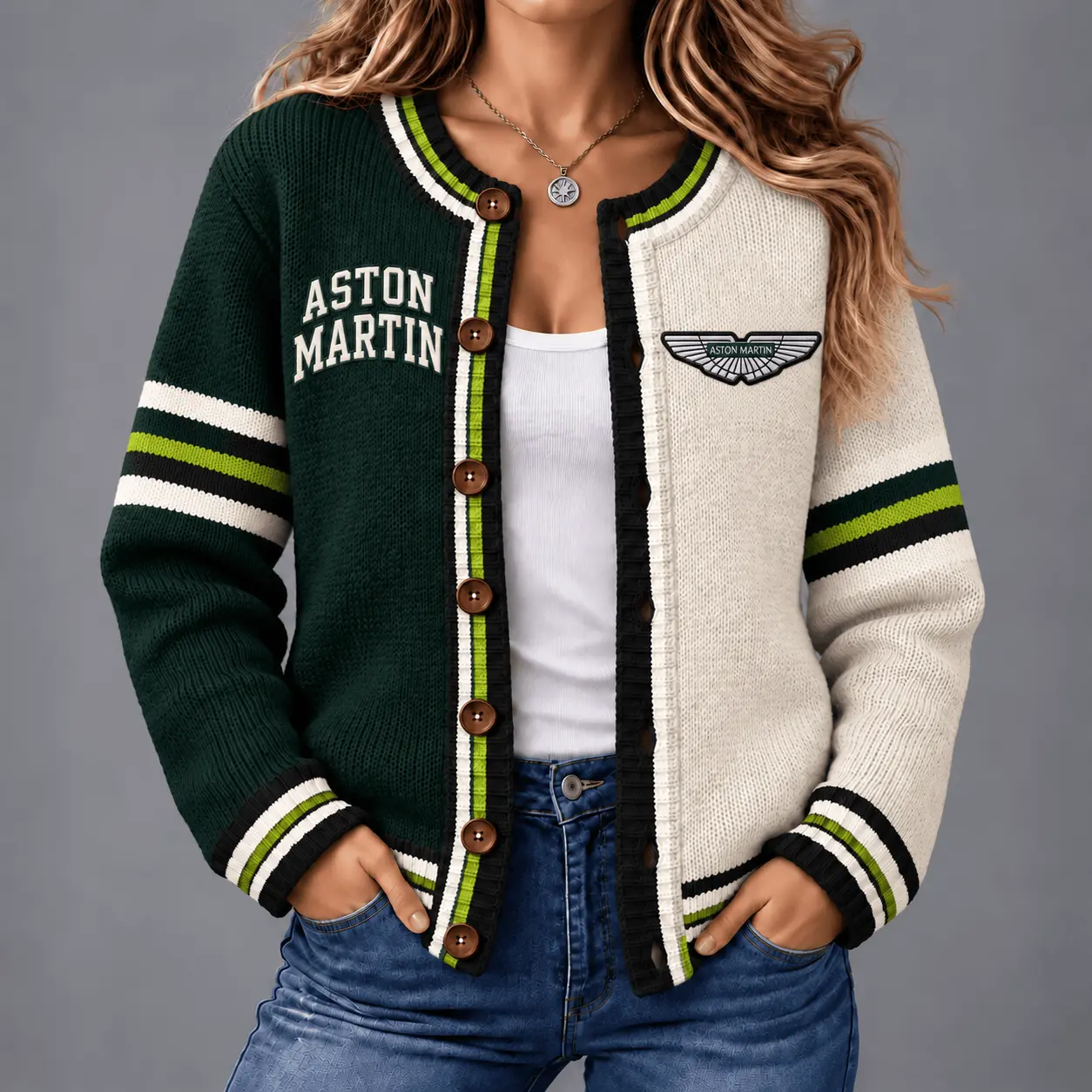 Aston Martin | Retro Two-Tone Button-Up Varsity Cardigan