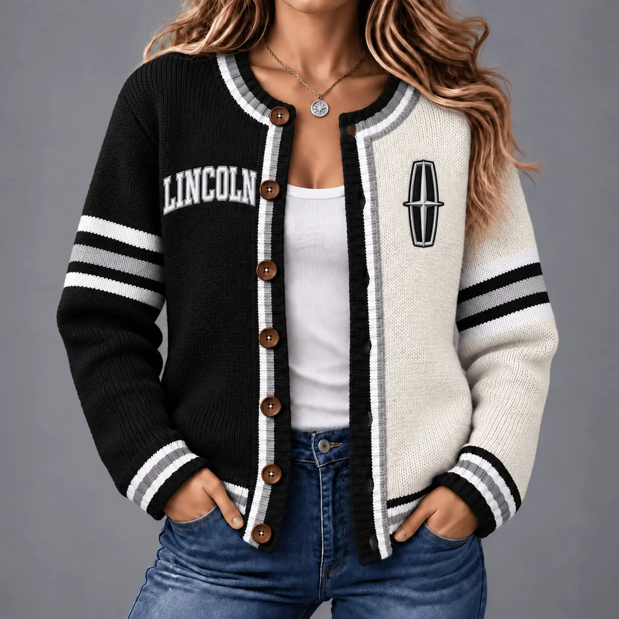 Lincoln | Retro Two-Tone Button-Up Varsity Cardigan