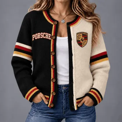 Porsche | Retro Two-Tone Button-Up Varsity Cardigan