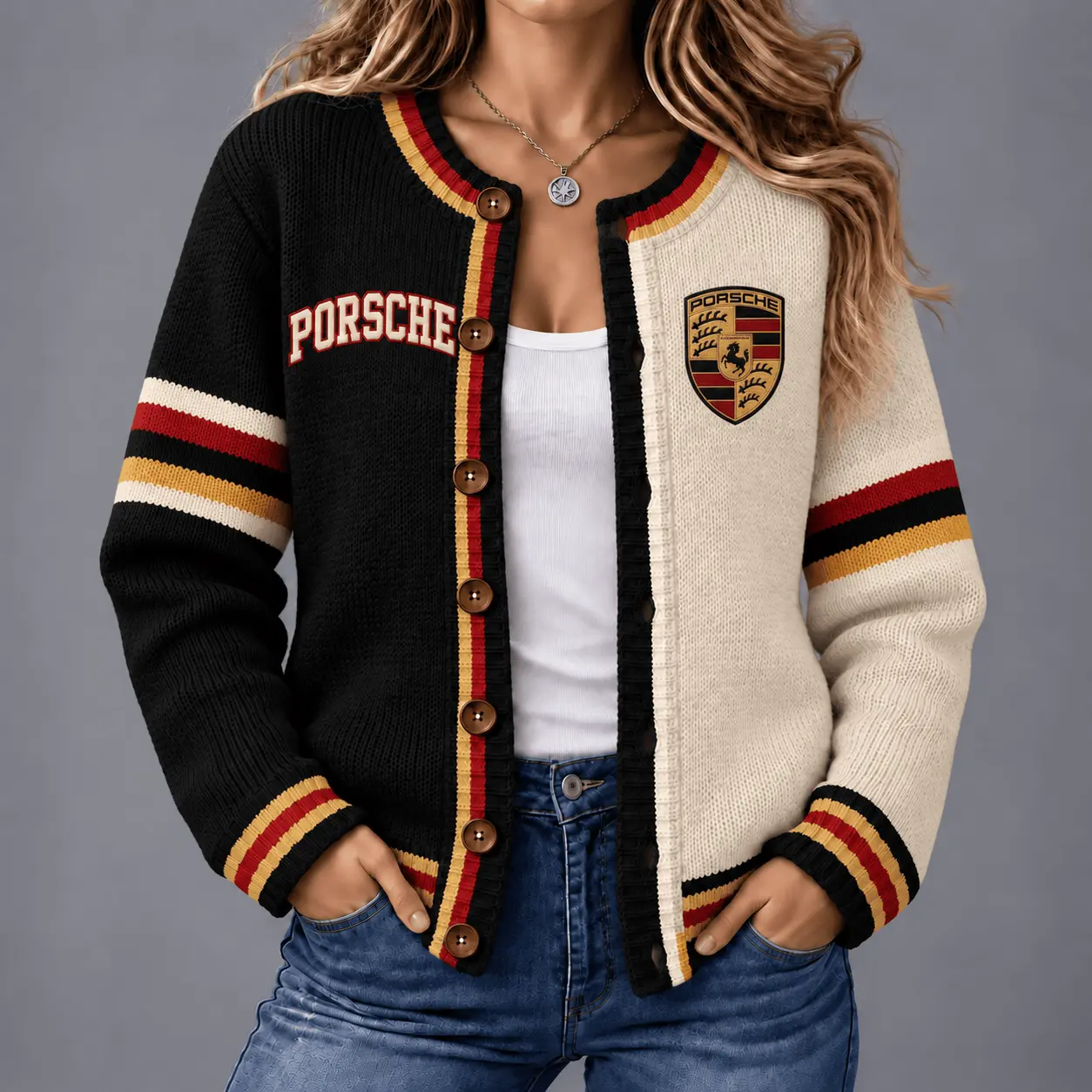 Porsche | Retro Two-Tone Button-Up Varsity Cardigan