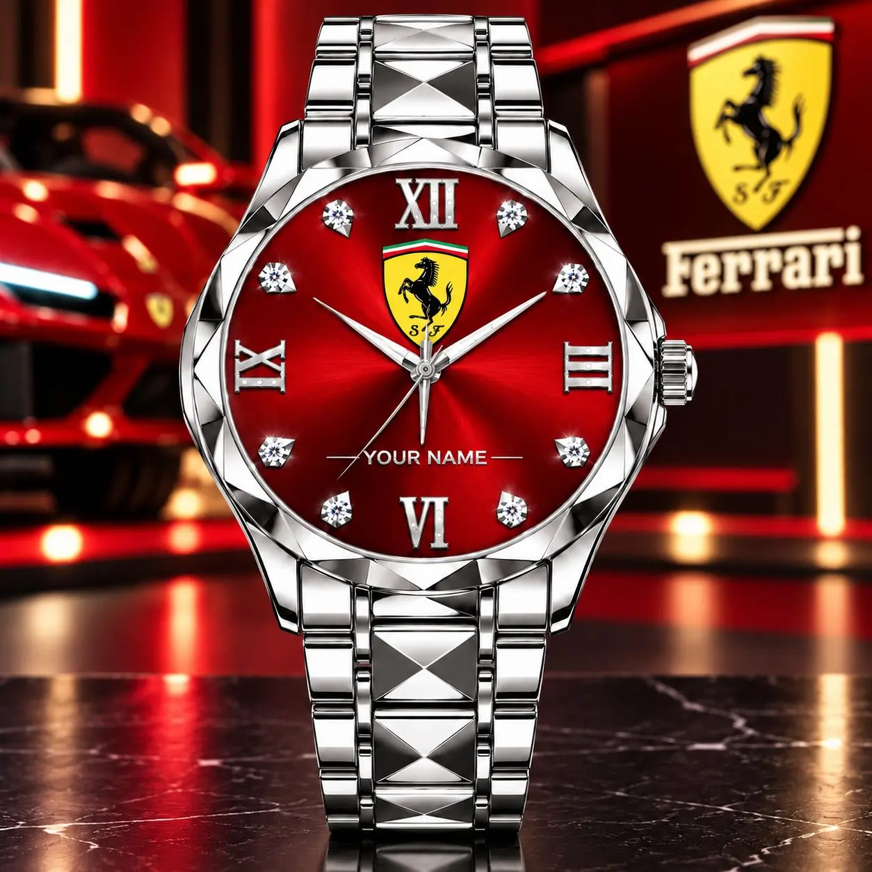 Ferrari | Luxury Silver Stainless Steel Watch – Personalized Name Edition
