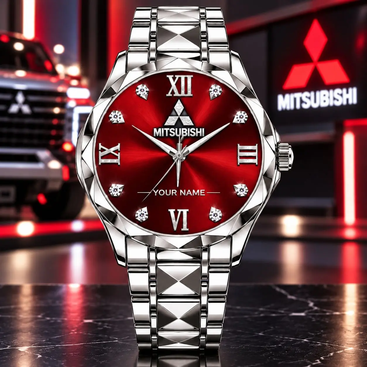 Mitsubishi | Luxury Silver Stainless Steel Watch – Personalized Name Edition