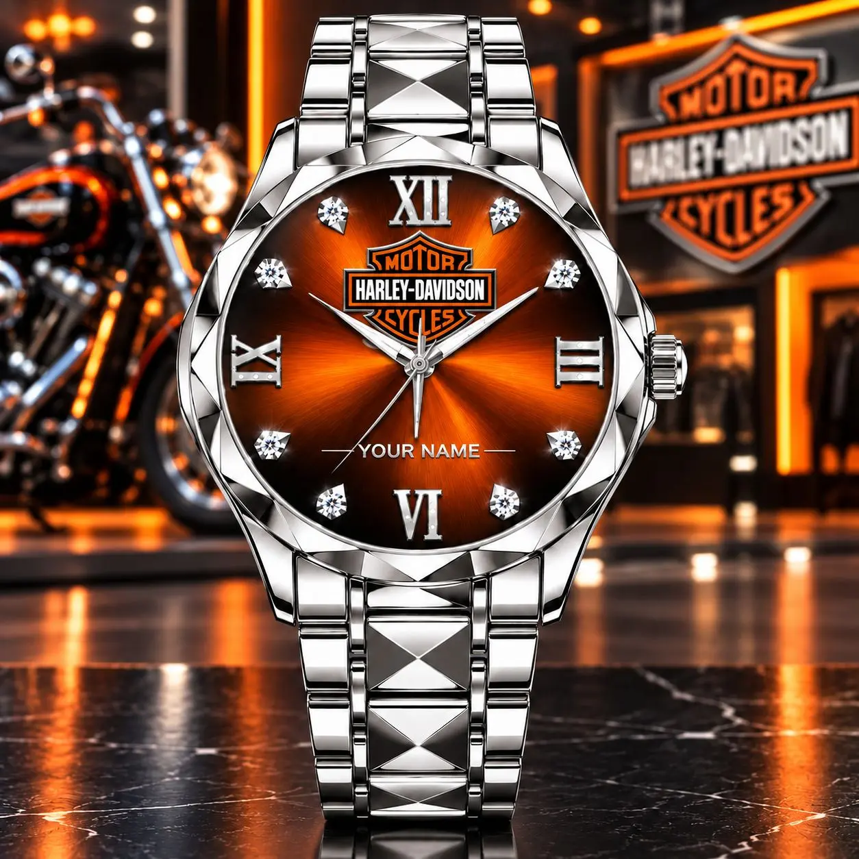 Harley-Davidson | Luxury Silver Stainless Steel Watch – Personalized Name Edition