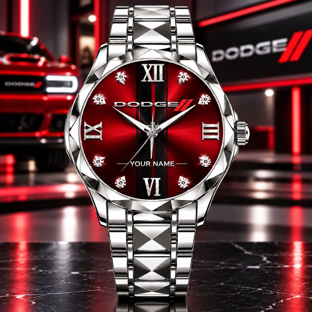 Dodge | Luxury Silver Stainless Steel Watch – Personalized Name Edition