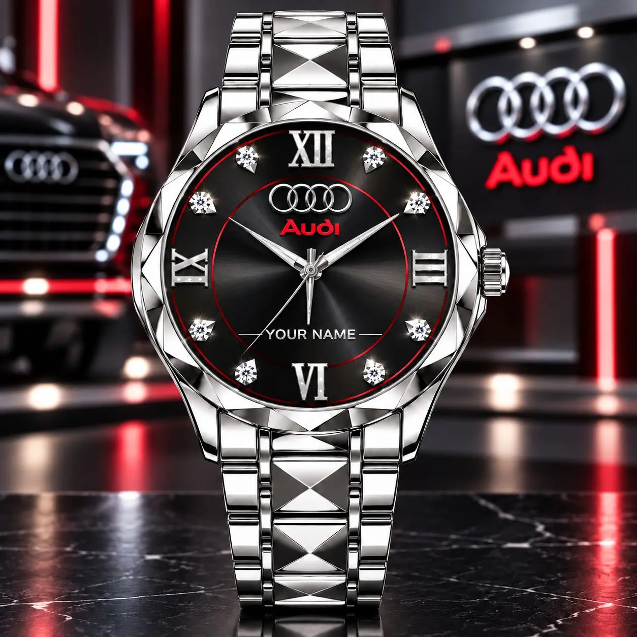 Audi | Luxury Silver Stainless Steel Watch – Personalized Name Edition