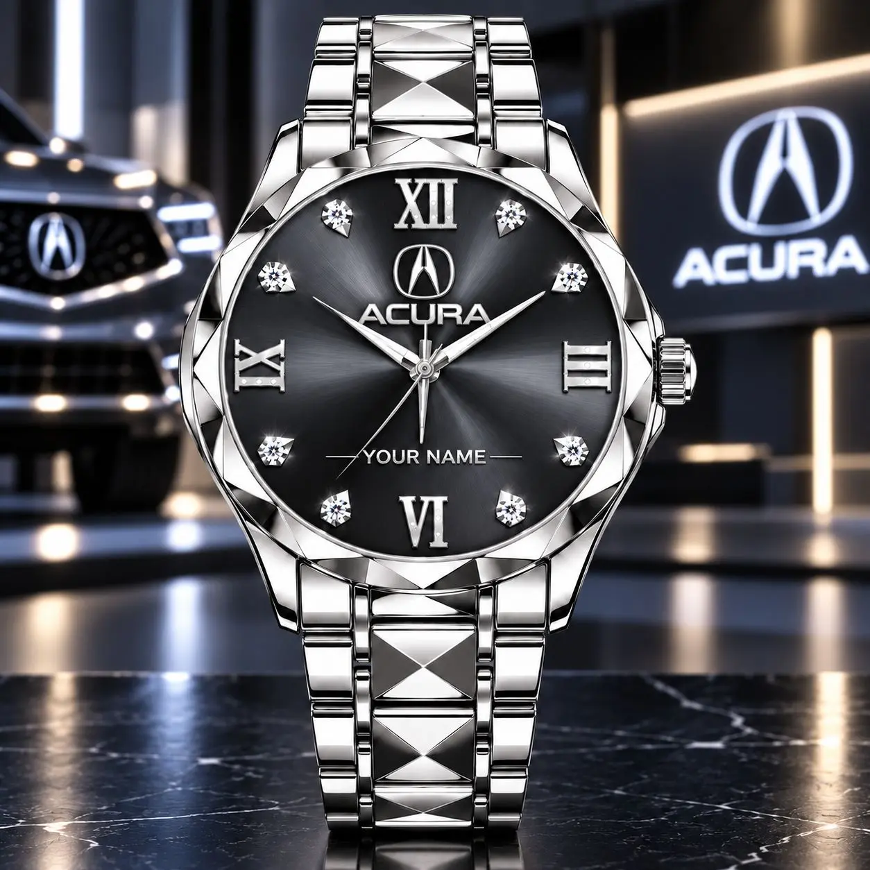 Acura | Luxury Silver Stainless Steel Watch – Personalized Name Edition